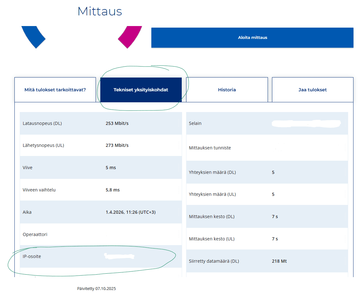 Bittimittarin näkymä, jossa IP-osoite näkyy teknisissä yksityiskohdissa