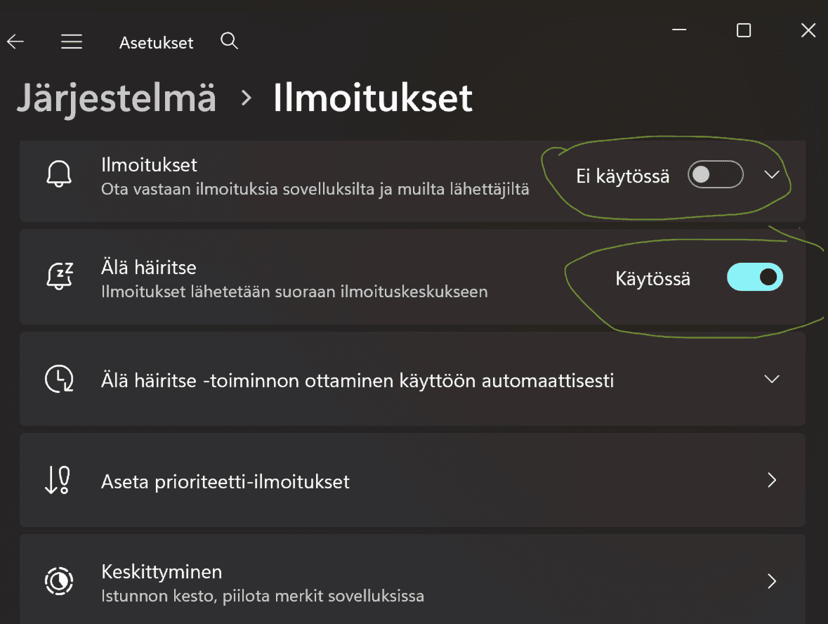 Windowsin ilmoitusasetukset, joista ilmoitukset voi laittaa pois päältä