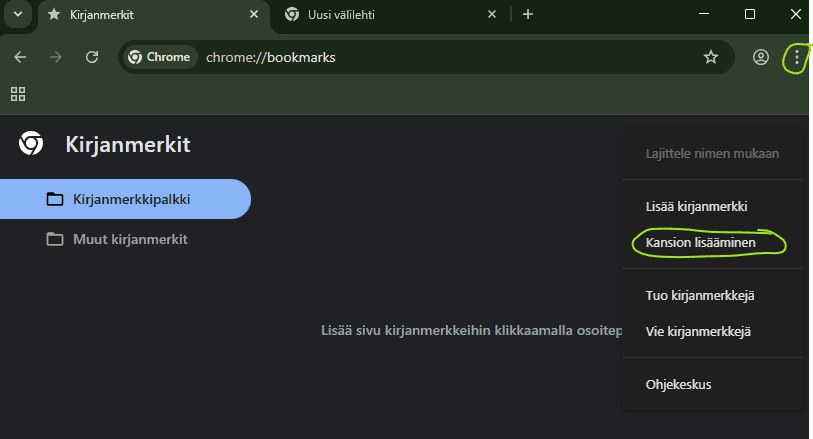 Chrome-selaimen näkymä, jossa lisätään uusi kirjanmerkkikansio