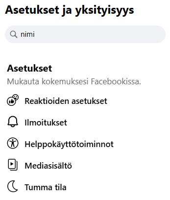 Kirjoita asetusten hakukenttään sana nimi.